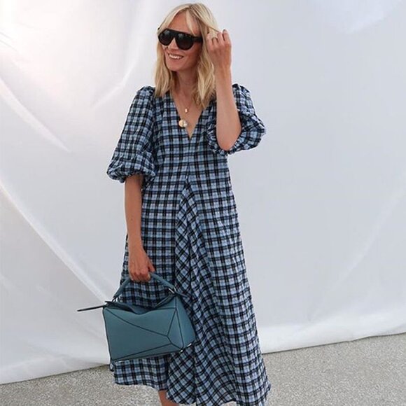 Ganni Dresses & Skirts - Ganni Seersucker Checkered Maxi Dress Blue/White Size 10